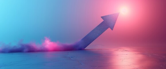 An upward arrow with a trail of smoke in a neon pink and blue gradient background.
