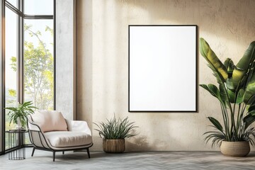 Poster Frame in Beige minimalist living room interior created with generative AI
