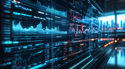 Financial data analysis, futuristic digital screens with metrics, 3D illustration