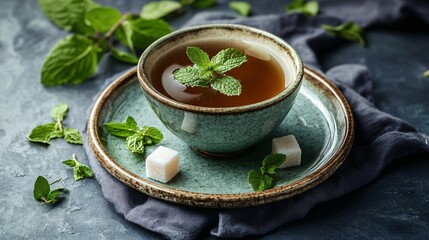 A cup of spearmint tea, with mint leaves and a few sugar cubes placed on a ceramic plate