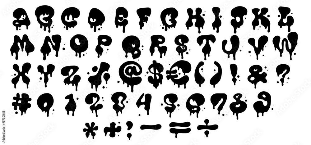 Aufkleber blak and white melting liquid font set. abstract fluid droplet shape. isolated vector letter for y2k