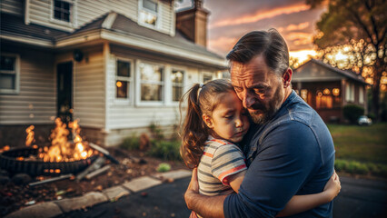 Fototapeta premium Father and daughter standing in front of a bonfire in their yard