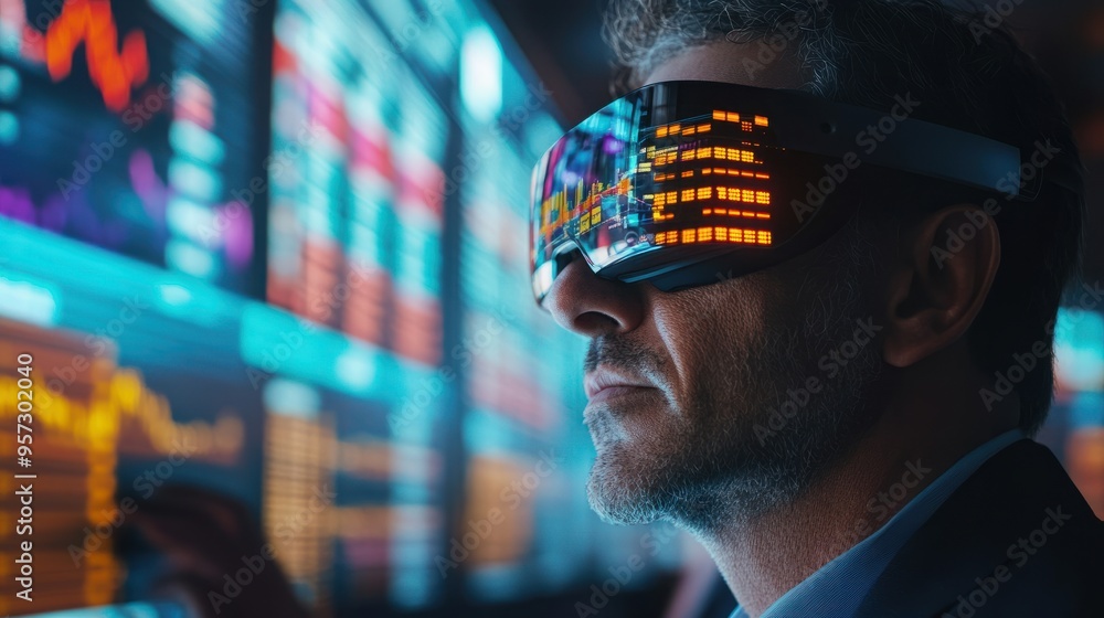 Poster a stock market scene with traders using augmented reality glasses to analyze data