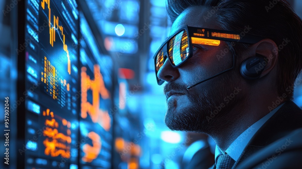 Poster a stock market scene with traders using augmented reality glasses to analyze data