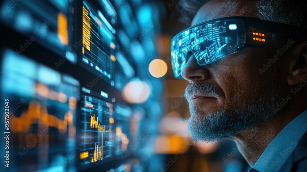 Poster a stock market scene with traders using augmented reality glasses to analyze data