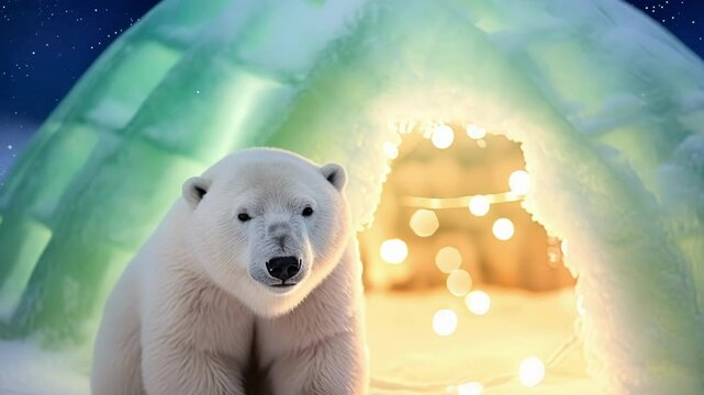 Polar bear sitting in the snow in front of an igloo entrance decorated with christmas lights, with a blurry background and bokeh