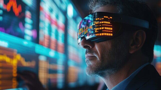 A stock market scene with traders using augmented reality glasses to analyze data - Powered by Adobe