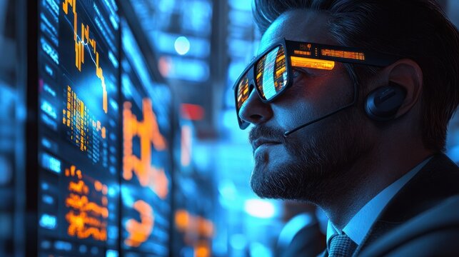 A stock market scene with traders using augmented reality glasses to analyze data