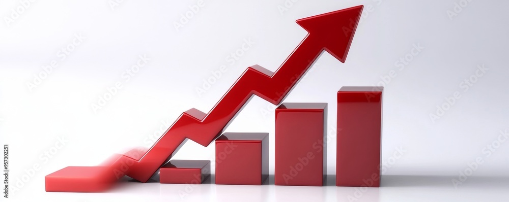 Aufkleber red arrow pointing up on bar graph showing increasing trend and growth