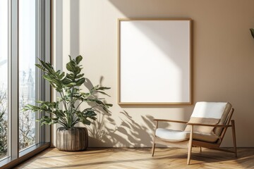 Poster Frame in Beige minimalist living room interior created with generative AI