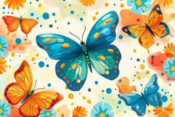 Obraz premium Colorful butterflies flying over flowers background illustration