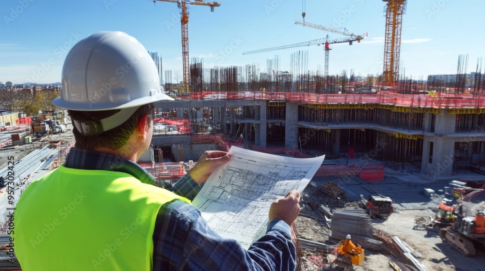 Aufkleber A construction engineer in a hard hat and reflective vest pointing at blueprints on a construction site, with a partially built structure and cranes in the background.