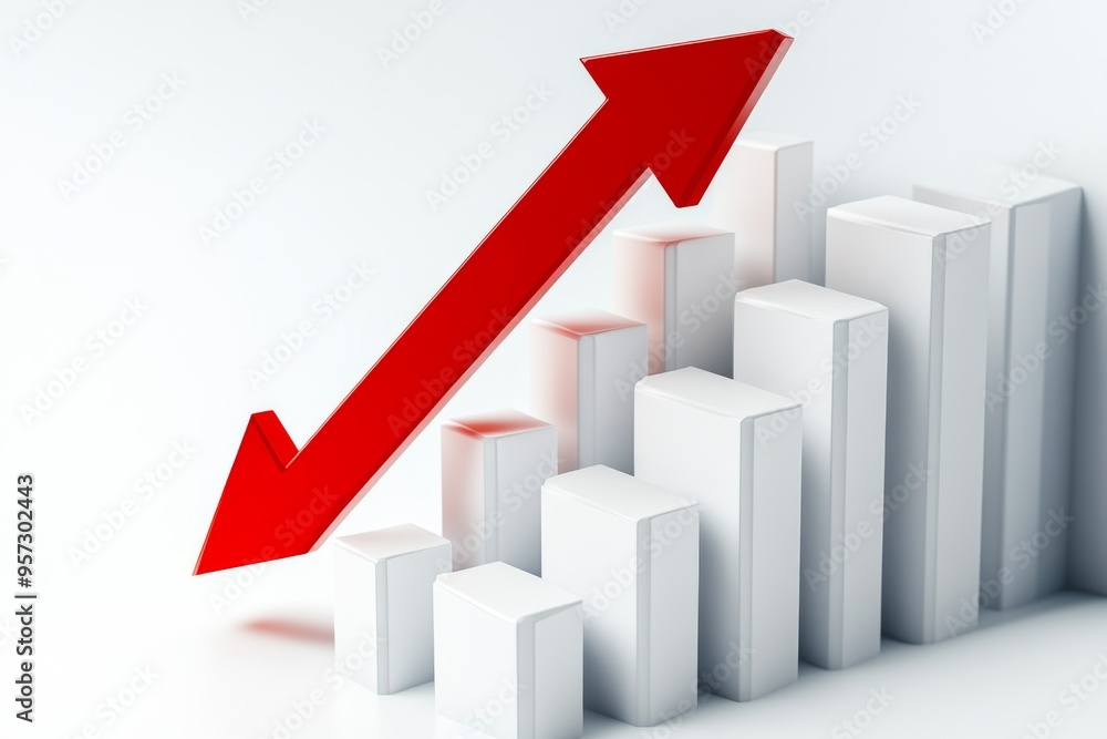 Poster red arrow pointing upwards on bar chart representing growth and success