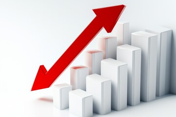 Red arrow pointing upwards on bar chart representing growth and success