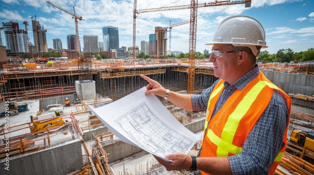 Aufkleber A construction engineer in a hard hat and reflective vest pointing at blueprints on a construction site, with a partially built structure and cranes in the background.