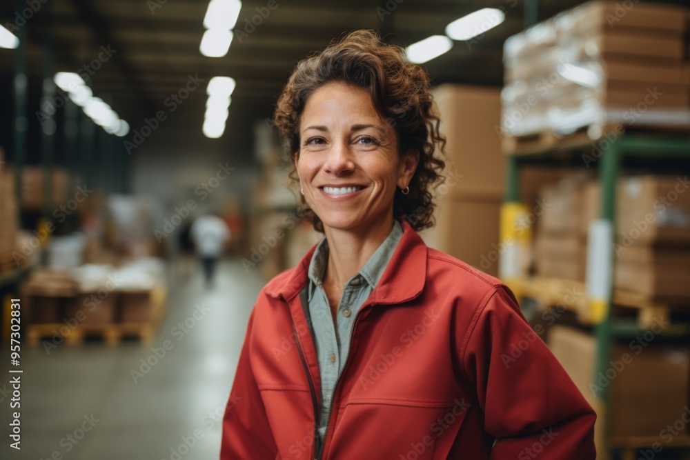 Wall mural Portrait of a smiling middle aged female warehouse worker