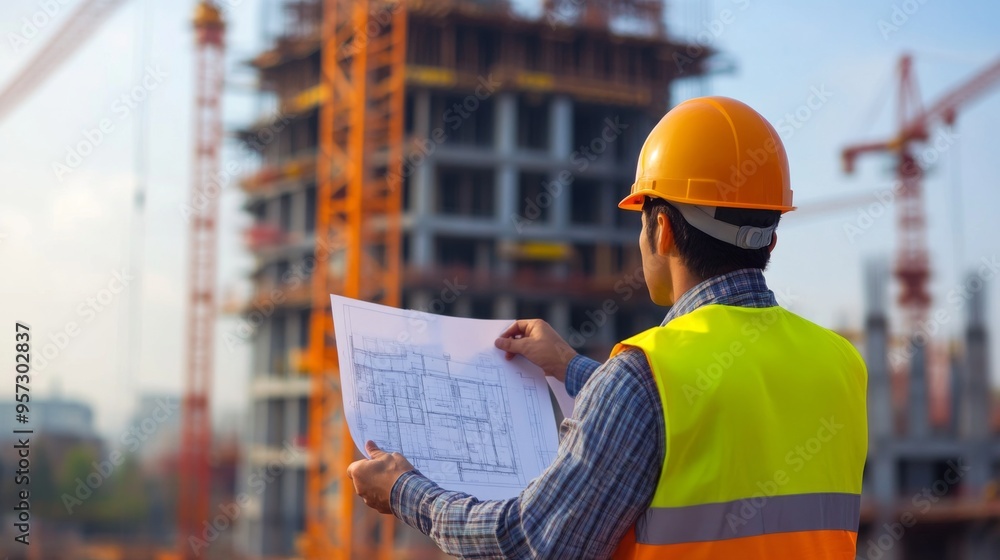 Aufkleber A construction engineer in a hard hat and reflective vest pointing at blueprints on a construction site, with a partially built structure and cranes in the background.