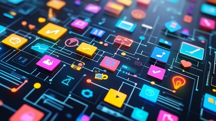 Digital marketing analysis, social graphs and analytics icons, 3D illustration