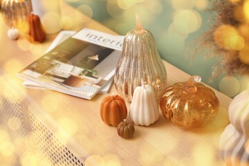 Candles in shape of pumpkins, magazine and decorations on chest of drawers