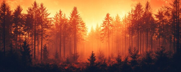 Obraz premium A breathtaking forest view cast in dramatic red and orange tones from a vibrant sunset, producing a surreal and entrancing natural landscape
