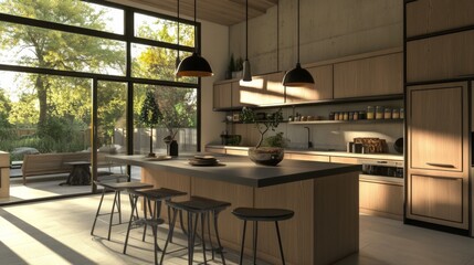 Fototapeta premium A contemporary kitchen with a large island table and high stools, featuring a stylish design with pendant lights hanging overhead, ideal for casual dining and socializing.