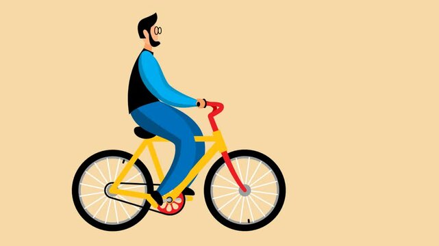 2d flat animation character of muslim ikhwan men with beard and glasses riding a bike slowly and smoothly in flat color separated background