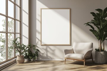 Poster Frame in Beige minimalist living room interior created with generative AI