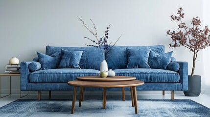 A home interior mock-up featuring a blue sofa, a wooden table, and matching blue decor elements in a stylish living room