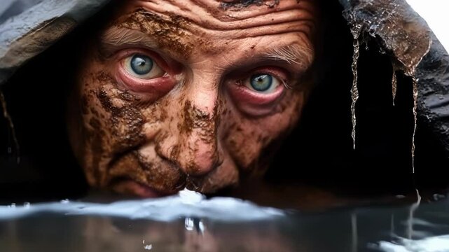 Soldier with blue eyes is barely keeping his head above icy water, seeking refuge under thin ice and his dirty camouflage poncho