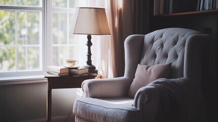 A cozy reading nook featuring a comfortable armchair and a small side table with a lamp, books, and a cup of tea, set against a window with natural light streaming in.
