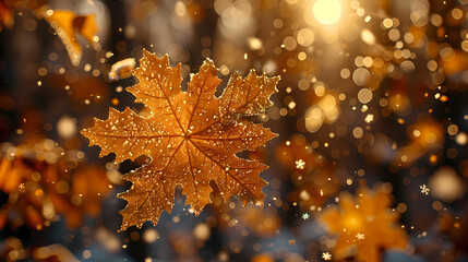 Leaf with gold leaves and blurred background.