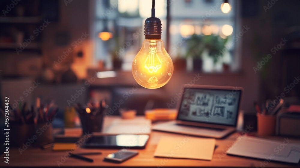 Poster a creative workspace with a lightbulb-shaped hanging lamp, casting light on a table filled with sket