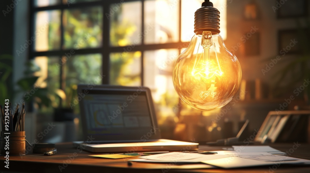 Poster a creative workspace with a lightbulb-shaped hanging lamp, casting light on a table filled with sket