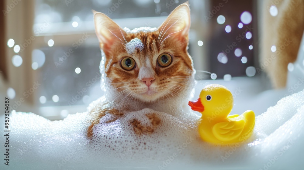 Poster a cute cat with its fur lathered in bubbles, sitting in a small tub, with a rubber ducky and a gentl