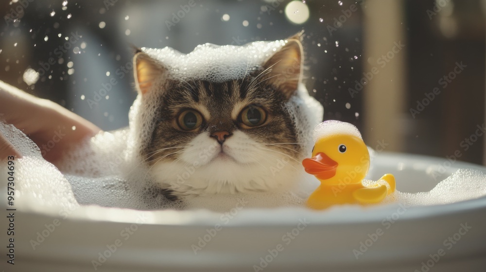 Poster a cute cat with its fur lathered in bubbles, sitting in a small tub, with a rubber ducky and a gentl