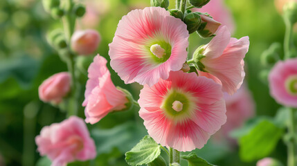 Obraz premium Close-up of Pink Hollyhock flower in the park.