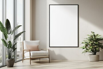 Poster Frame in Beige minimalist living room interior created with generative AI