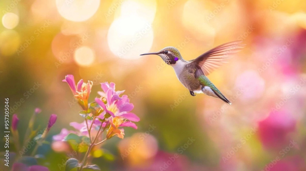 Poster A detailed image of a hummingbird hovering near a vibrant flower, with its iridescent feathers and rapid wing beats vividly captured against a blurred garden background.