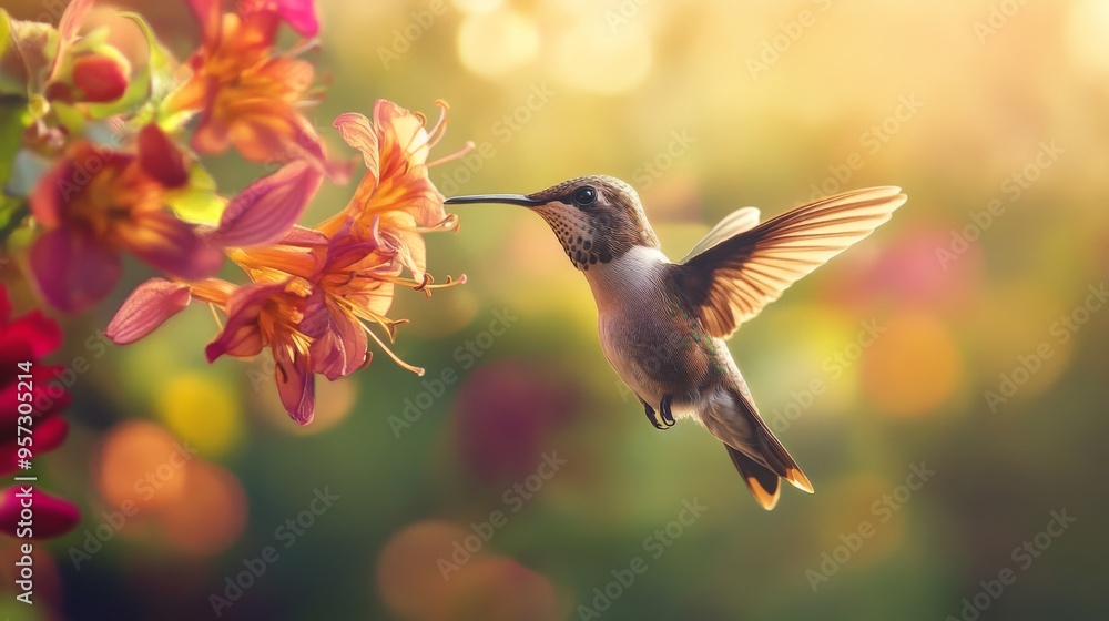 Poster A detailed image of a hummingbird hovering near a vibrant flower, with its iridescent feathers and rapid wing beats vividly captured against a blurred garden background.