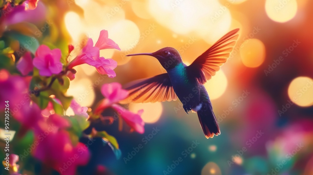 Poster A detailed image of a hummingbird hovering near a vibrant flower, with its iridescent feathers and rapid wing beats vividly captured against a blurred garden background.