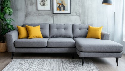 Modern Grey Sofa, Couch in Living Room with Yellow Pillows Interior Decoration at Home Apartment