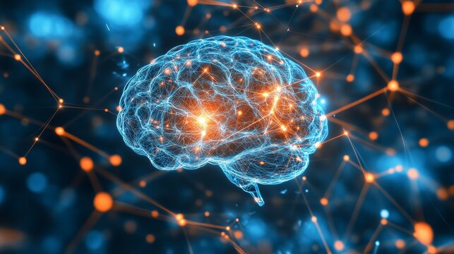 3D Human Brain Illustration, Neural Networkglowing points, Artificial Intelligence, Deep Learning