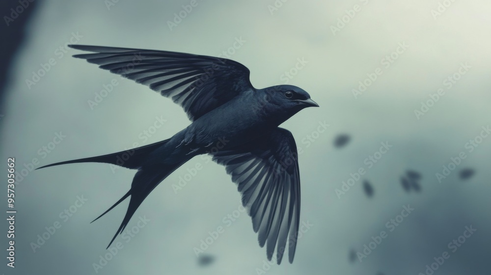 Poster A detailed image of a swallow darting through the sky, with its sleek body and swift movements captured against a slightly overcast sky, highlighting its agile flight.