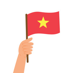 Hand holding a flag of Vietnam. Vector illustration of the Vietnamese flag in flat style isolated on white background.