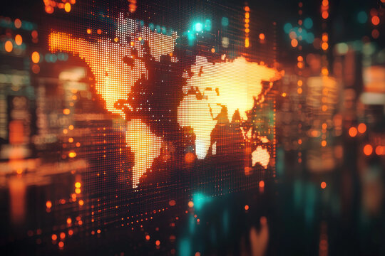 Mapa mundial en color naranja sobre fondo desenfocado de conexiones inal&aacute;mbricas, redes y edificios modernos
