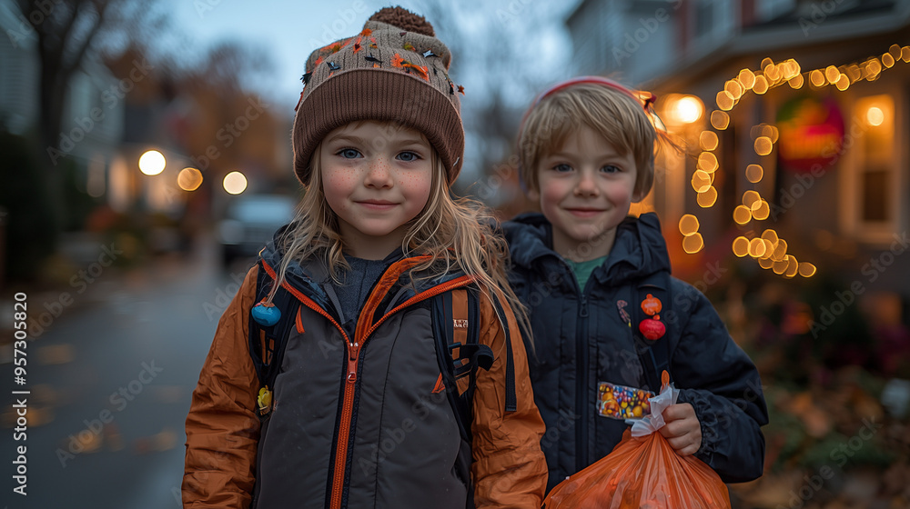 Wall mural Children in colorful Halloween costumes trick-or-treating in a suburban neighborhood, with houses decorated for the holiday in the background.