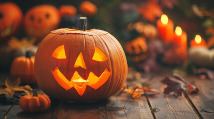 Glowing jack-o'-lantern on a wooden table with autumnal decorations.