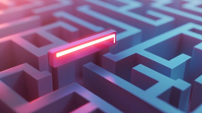 A 3D maze with a search bar hovering above, guiding users to the right path, symbolizing navigation through search engines