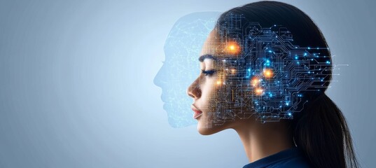 Woman Merging With Digital Circuitry Concept Of Artificial Intelligence And Human Connection