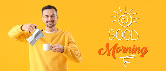 Handsome man pouring espresso from geyser coffee maker into cup on yellow background